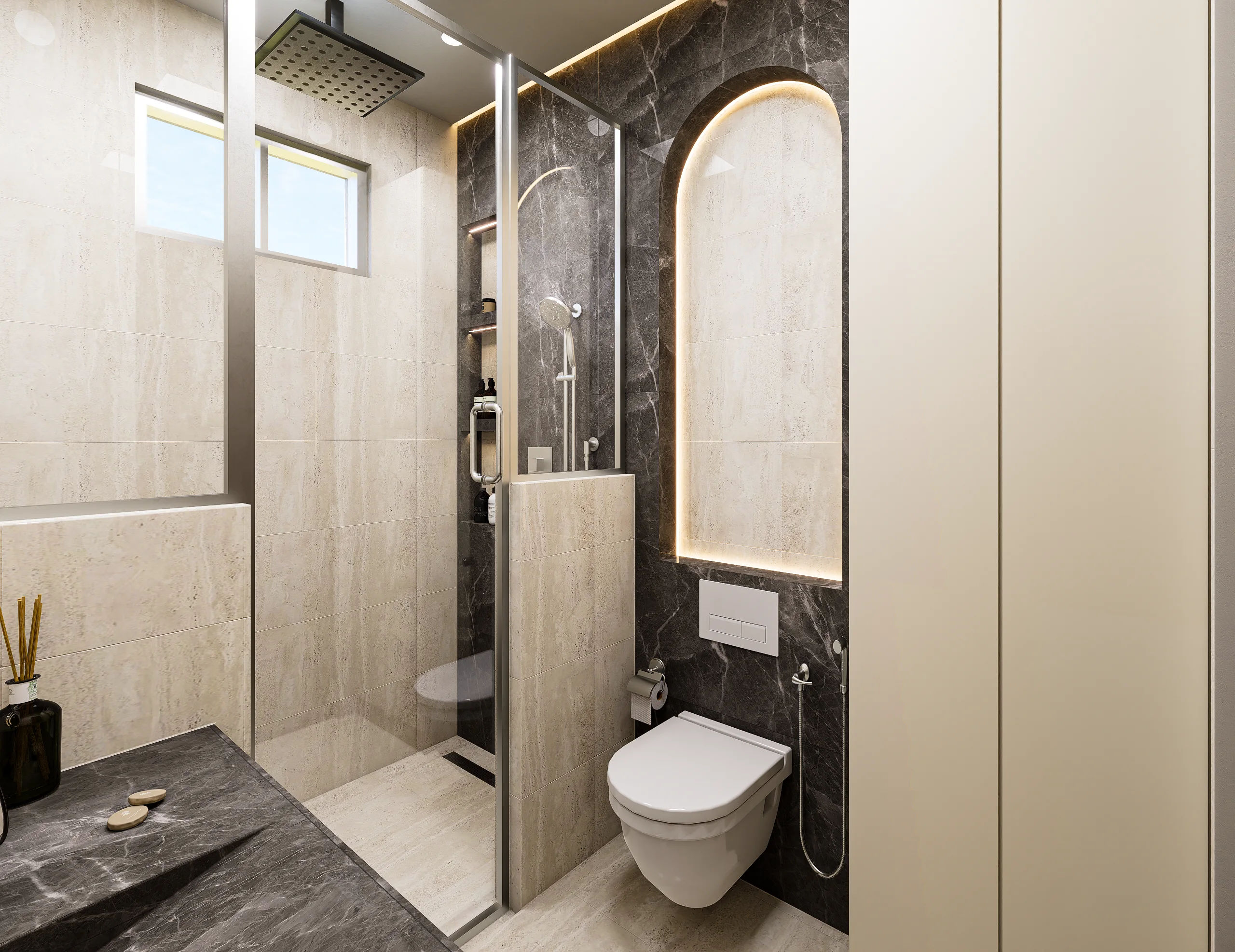 Arched Niche Master Bath, Bathrooms production work by Outframe Arc