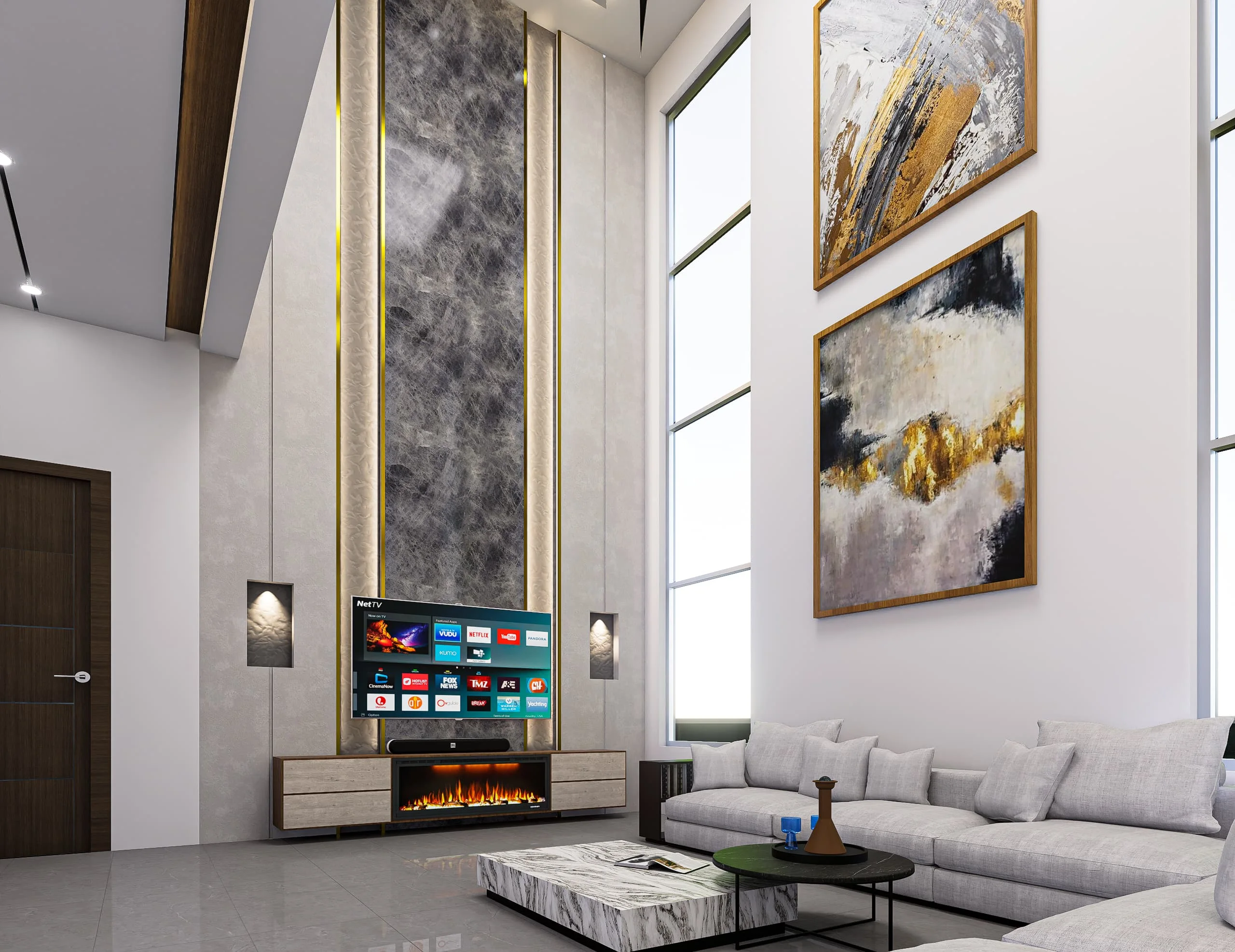 Double-Height Great Room, Living Spaces production work by Outframe Arc